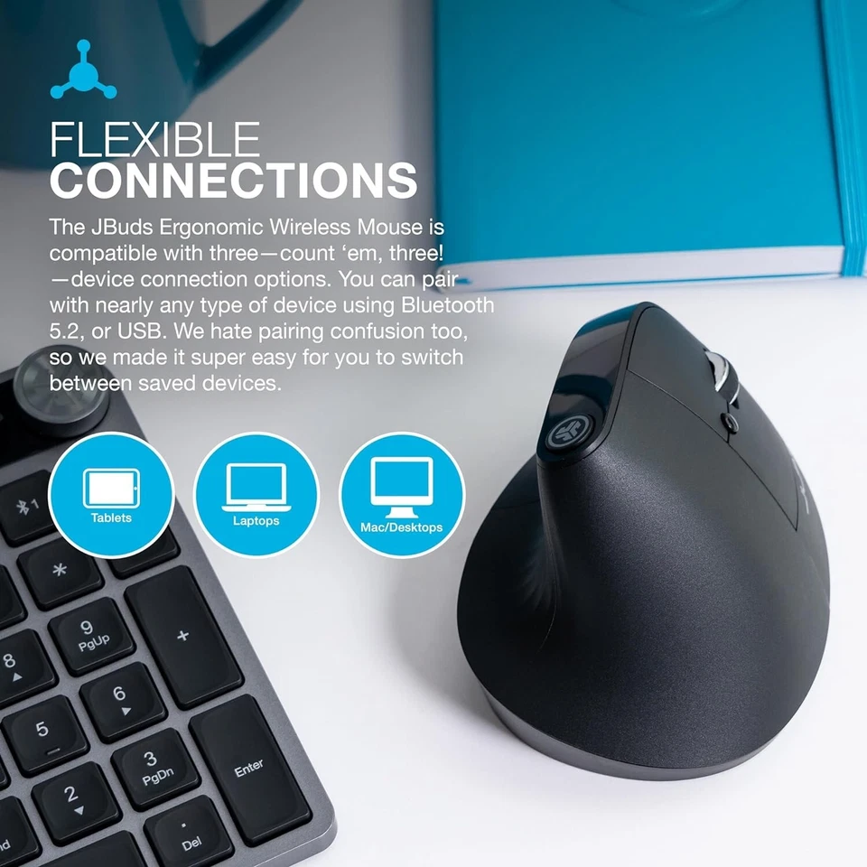 JLab JBuds 2.4G Wireless, Bluetooth Vertical Ergonomic Optical Mouse, Black - Image 4 of 4