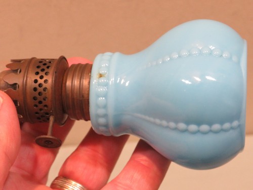 Vintage Blue Milk Glass Miniature Oil Lamp, Burner marked Made in USA - Picture 3 of 6