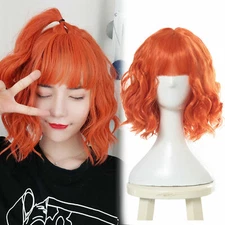 Harajuku Lolita Short Curly Wavy Orange Cosplay Wig Women Girls Bangs Party Wigs