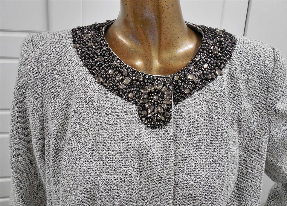 Lafayette 148 White Silver Black Tweed Knit Beaded Jewel Jacket sz 16 - Image 2 of 4