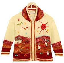 Kinder Strickjacke,weiß+ rot, Gr.110*116 Kapuze Peru Nr. Landschaft Sonne Tiere 