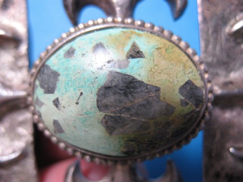 W@W! Large Sandcast Sterling Silver Buckle w/Oval Bisby Cerillos Turquoise Pawn - Picture 7 of 18
