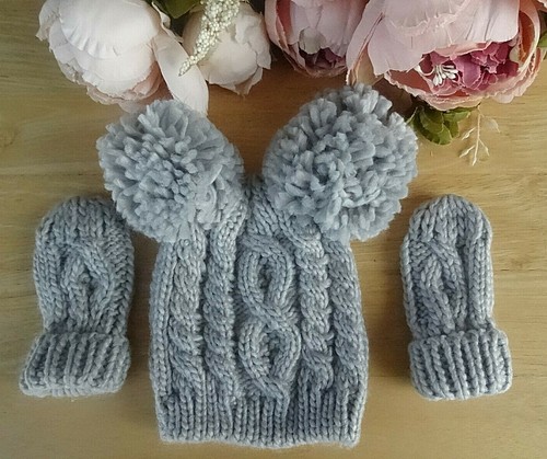 Baby Knitted Warm Hat Mitts Set Pink Blue Boy Girl Chunky Yarn PomPom Cream Grey - Picture 21 of 26