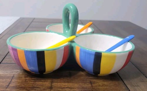 Bright Colorful Striped 3 Serving Bowls with Colored Spoons Multicolored Set - Picture 11 of 18