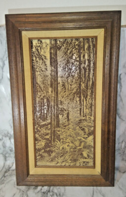 Vintage etched relief woods forest scene trees brown earth-tones framed picture