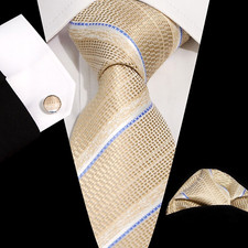 Classic Striped Brown Blue Jacquard Silk Men's Tie Necktie Hanky Cufflink Set
