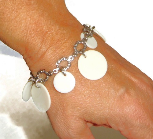 Sobral Fichas N34 White Charm Disks SilverTone Chain Link Artist Made Bracelet - Picture 4 of 4