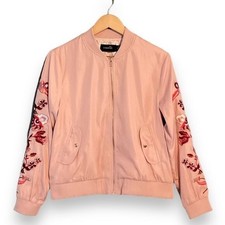 Nwot Minkpink Pink Satin Bomber Embroidered Flower Sleeves Zip Up Jacket Small