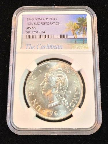 1963 DOMINICAN REPUBLIC SILVER 1 PESO REPUBLIC RESTORATION NGC MS 65 GEM BU