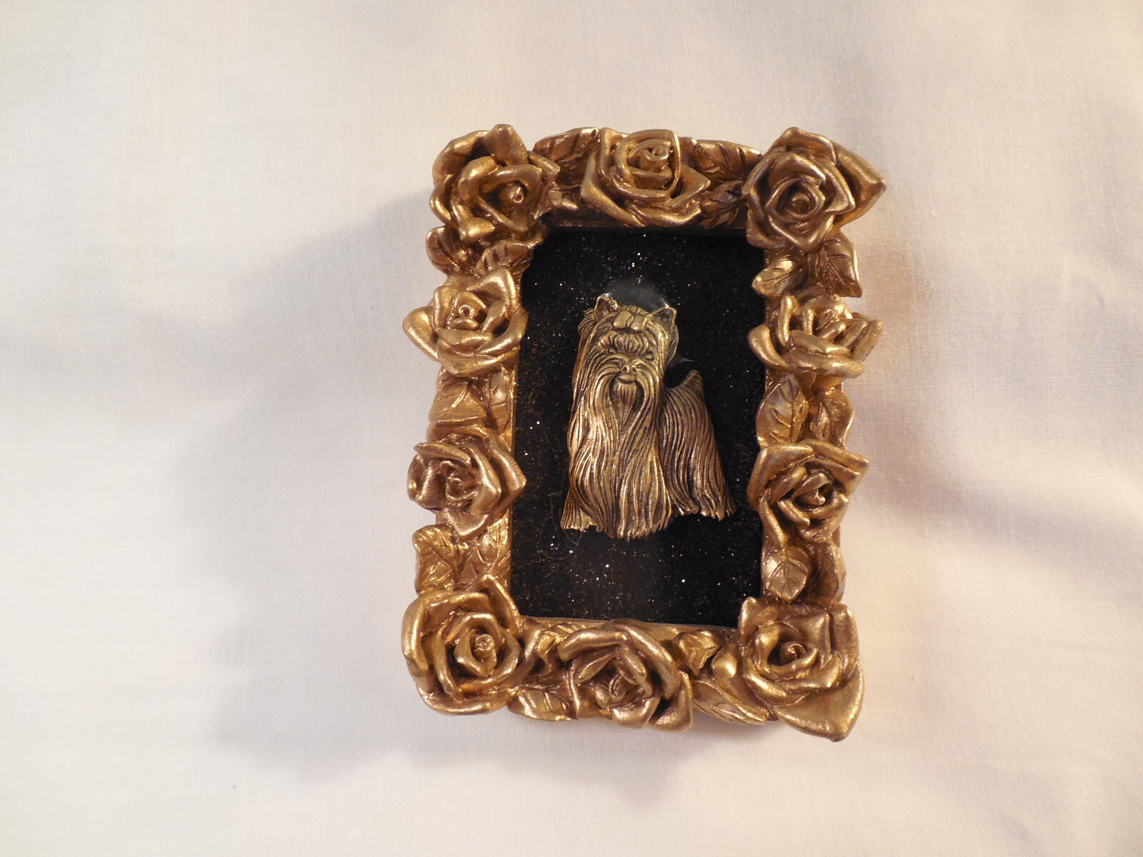 Mounted gold tone Yorkie brooch in gold Florentine frame repurposed*