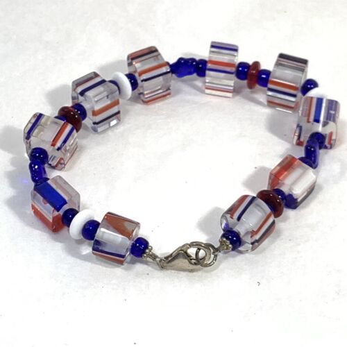 Handarbeit Kunst Glasperlen Armband Patriotisch Rot Weiß Blau Sterling 925 Verschluss