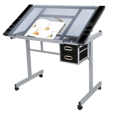 Adjustable Rolling Drawing Drafting Table Art Craft Tempered Glass Work Station