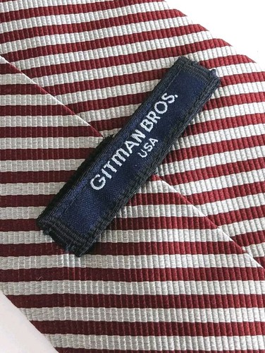 Gitman Bros Mens Silk Necktie Silver Maroon Striped Woven Silk Tie MADE IN USA