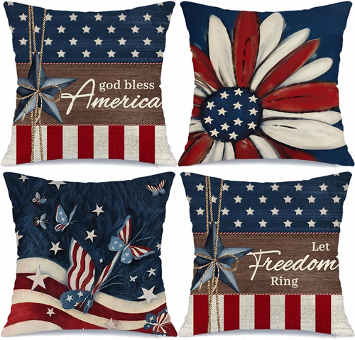 4Th of July Pillow Covers 18X18 Set of 4 God Bless America Stars Flower Independ - Picture 12 of 12