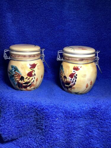 Vintage En Provence Keramik Hahn Motiv Druckknopfverschluss Deckel Kanister, 2er Set - Bild 4 von 8