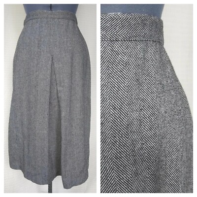 Vtg Skirt by Russ in Grey Herringbone w Front Inverted Pleat 26-28'' Waist Sz SM?