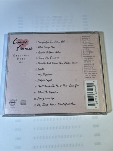 Connie Francis Greatest Hits CD 1989 50's 60s Oldies - Picture 2 of 2