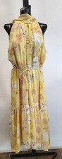 Eliza J Yellow Floral Chiffon High/Lo Dress sleeveless Belted Mock Neck Size 14