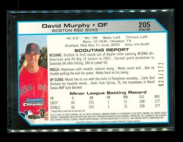 Bowman Chrome 2004 primer año X-Fractor 29/172 David Murphy #205 Boston Red Sox Foto 2 de 2