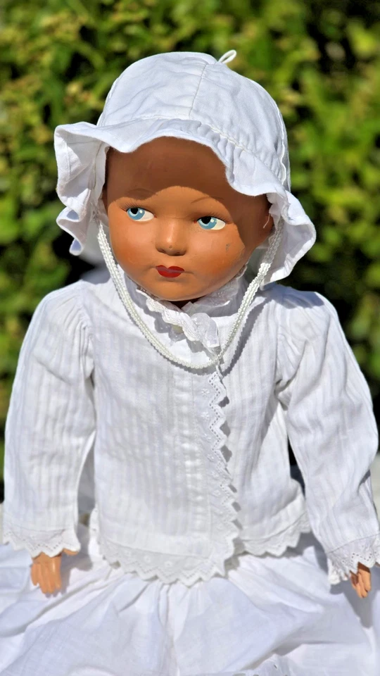 Antiguo Raro Francés 21 pulgadas Cabeza Papel Maché Muñeca Paja Personal Tela Cuerpo 1900s Foto 3 de 4