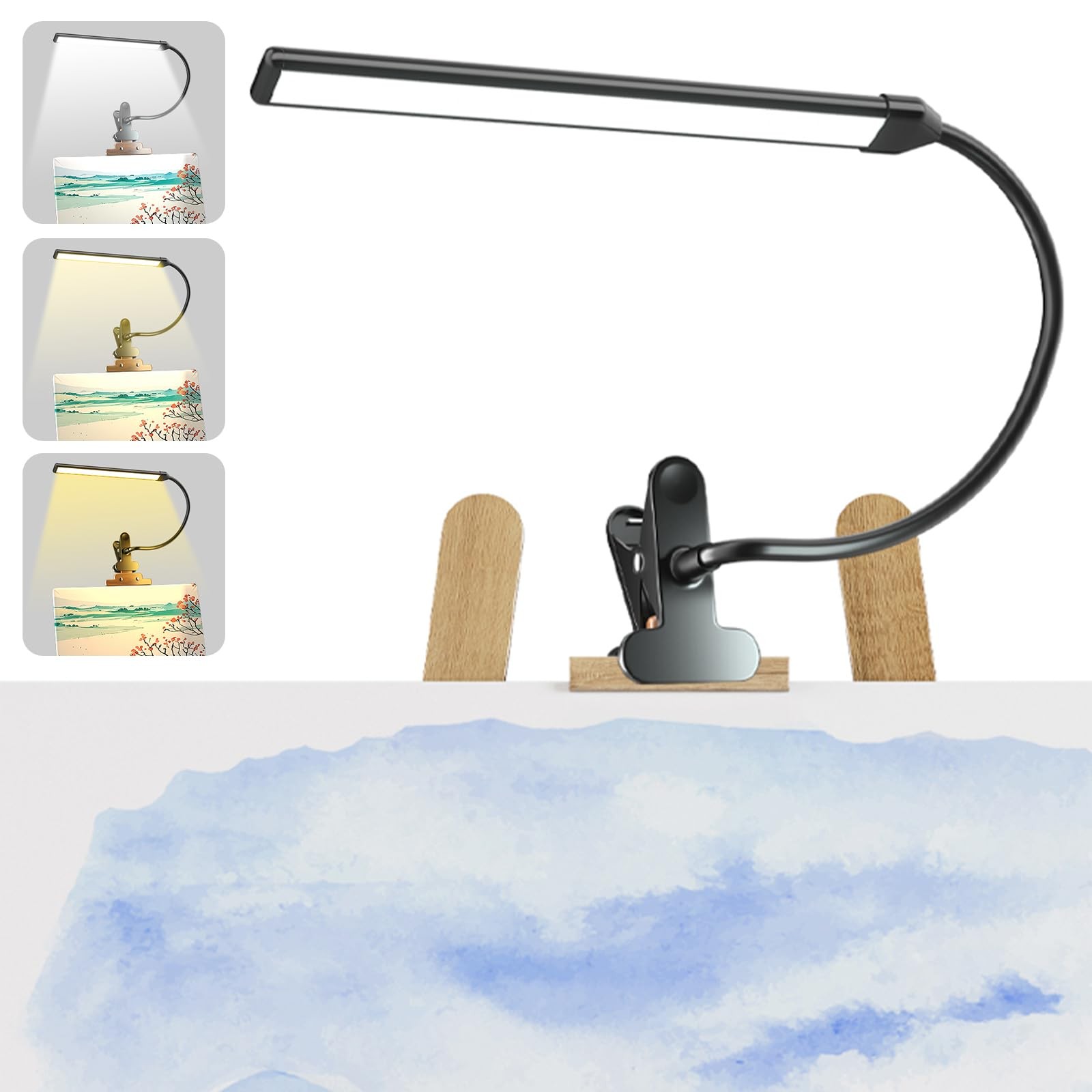 Lampe de bureau à pince LED noire pour artiste avec 3 modes de couleur et bras flexible