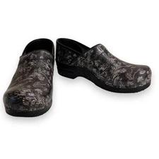 Sanita Clogs Black Silver Paisley Floral Leather Upper Womens EU 39 US 8 Nurse