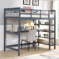 Twin Size Loft Bed with Desk and Shelves Solid Wood Lofted Bed Frame Gray