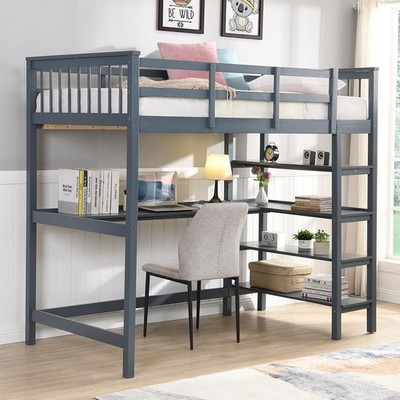 Full Size Loft Bed with Desk and Shelves Solid Wood Lofted Bed Frame Gray