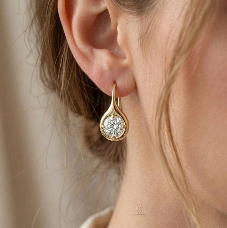 4.10 CTW Round Cut Lab Grown Diamond Drop Earrings EF VS1 14K Yellow Gold
