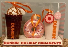 Dunkin' Donuts 3 Pack of Shatterproof Ornaments 2024 New in Box!