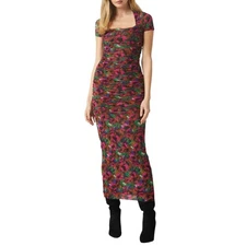 MISA Size S Los Angeles Marilyn Floral Ruched Midi Dress Jewel Tone Mesh Womens