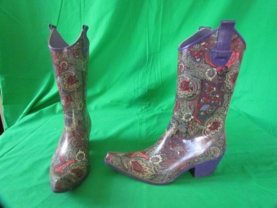 Corkys Nomad Yippy Western Cowboy Cowgirl Rubber Rain Boots Purple Paisley Print