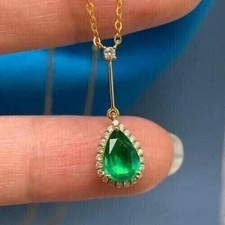 Natural Green Emerald 3.00Ct Pear Cut Halo Pendant 14K Yellow Gold Plated Chain