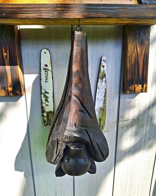 Hand Carved Wooden Hanging Bat Wall Decor Sculpture Halloween decor rustic art