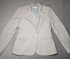Calvin Klein Women's Light Gray Plaid Suit Coat Blazer One Button Size 10 Preppy
