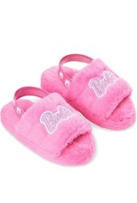 Barbie Pink Faux Fur Slide Slippers Open Toe women 6 5.5  big girls 4.5y 4y