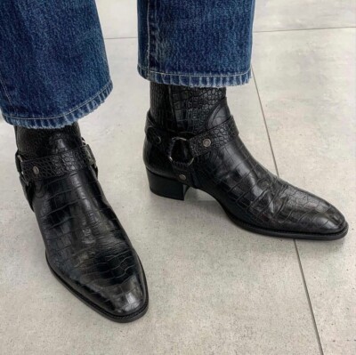 Handmade Men Black Crocodile Print Leather Harness zip up Boots, high heel boots