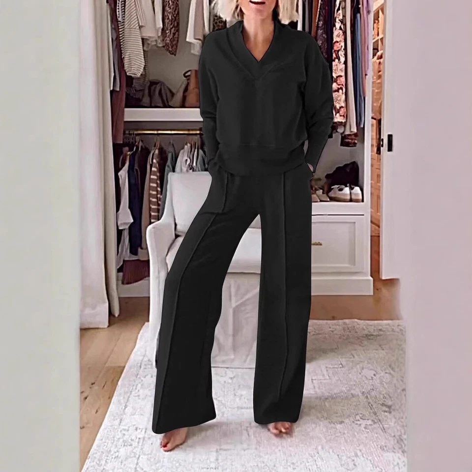 Suéter suelto para mujer pantalones de pierna ancha conjuntos de dos piezas informal cuello en V manga larga Foto 2 de 4
