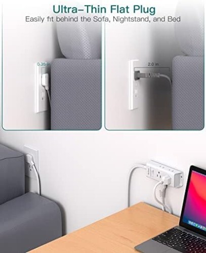Flat Plug Power Strip, 5 Ft Ultra Flat Extension Cord with 6 Outlets Extender, N - Picture 2 of 6