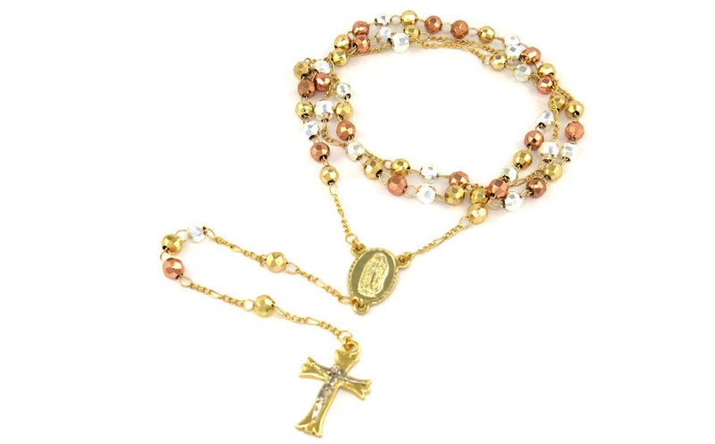 18k Yellow Rose Gold Plated 24" Diamond Cut Rosary Jesus Cross Charm Necklace - Product main view
