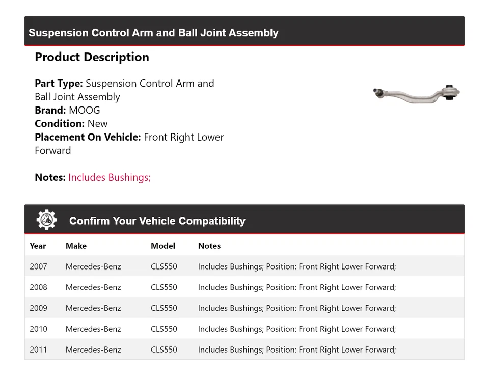 Brazo de control delantero derecho inferior delantero MOOG para Mercedes-Benz CLS550 2007-2011 Foto 2 de 4