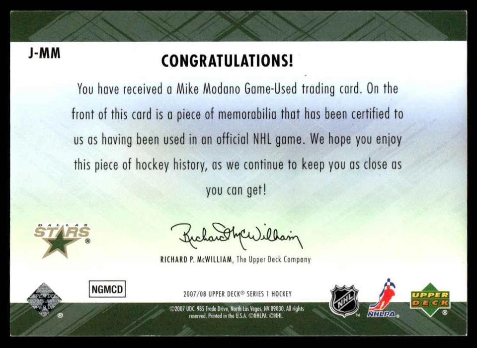 2007-08 Upper Deck Game Jerseys Mike Modano Dallas Stars #J-MM - Image 2 of 2