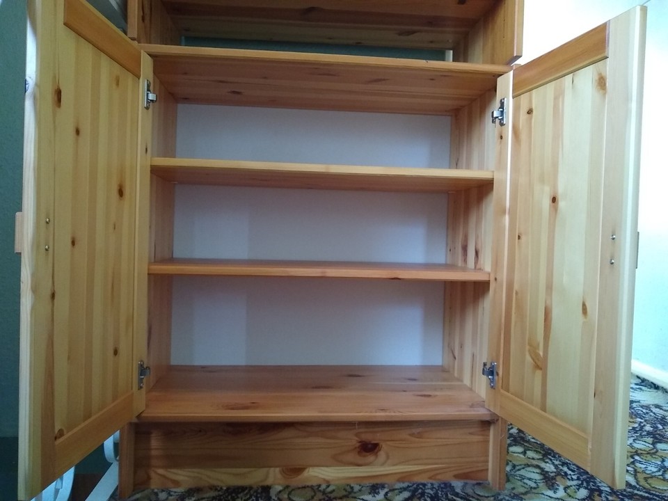 Pine IKEA bookcase with cupboards, matching flatpack drawers also