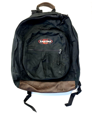 Vtg 90s EASTPAK Black LEATHER-BOTTOM BACKPACK Outdoor Trail Gym
