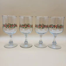 Vintage Libbey Holly Berries & Ribbon Christmas Wine Glasses Gold Trim Set of 4