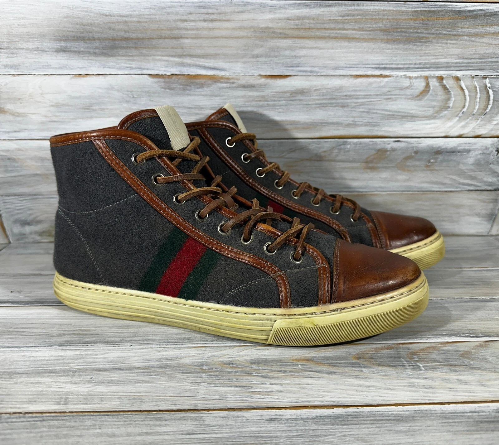 Baskets montantes homme Gucci cuir laine marron fabriquées en Italie