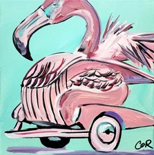 CORBELLIC EXPRESSIONISM 12X12 FLAMMINGO WHEELS HANDMADE COLORFUL ART PAINTING