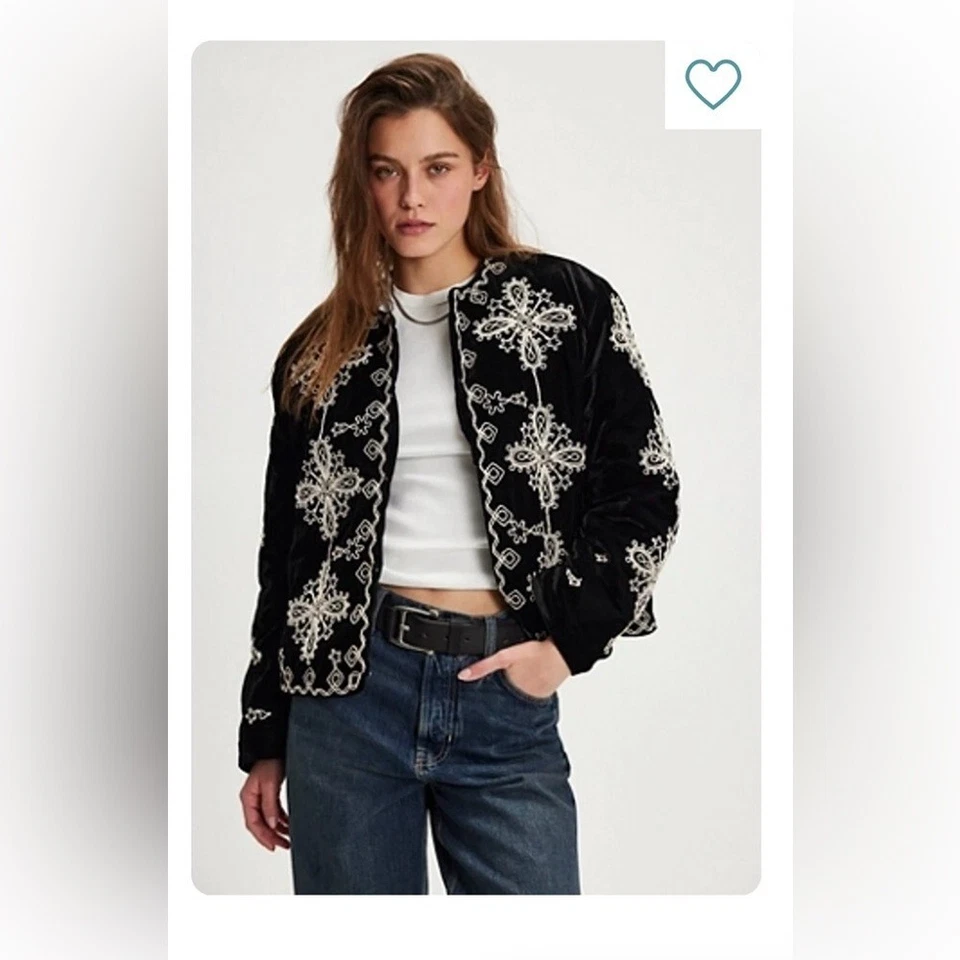 Free People Mia Jacket Velvet Black Embroidered Size Large - Image 3 of 4