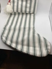 Hearth & Hand Magnolia Stocking Off White Green Stripes W Tassels Christmas