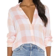 Rails Charli Pip Peach Blus White Plaid Linen Blend Button Down Shirt Large